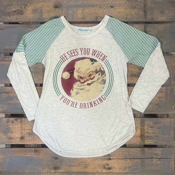 EUC [Southern Grace] Green Striped Funny Santa Holiday Christmas Tee | Small - Picture 3 of 13